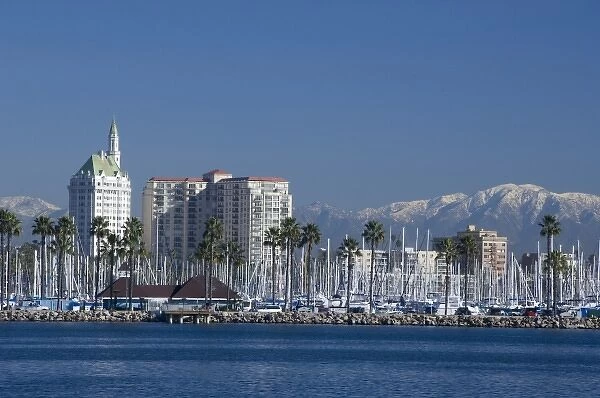 California, Long Beach. Skyline views of the port area of Long Beach. Snow-capped