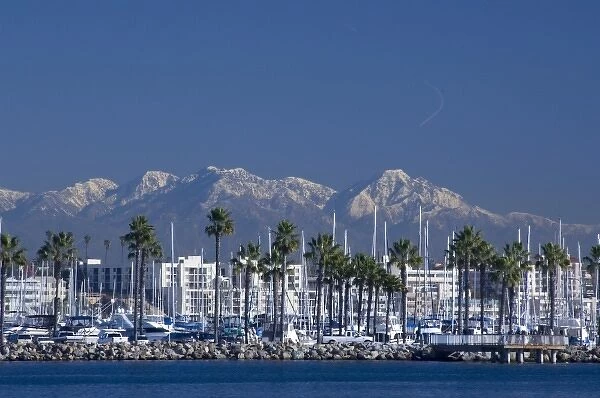 California, Long Beach. Skyline views of the port area of Long Beach. Snow-capped