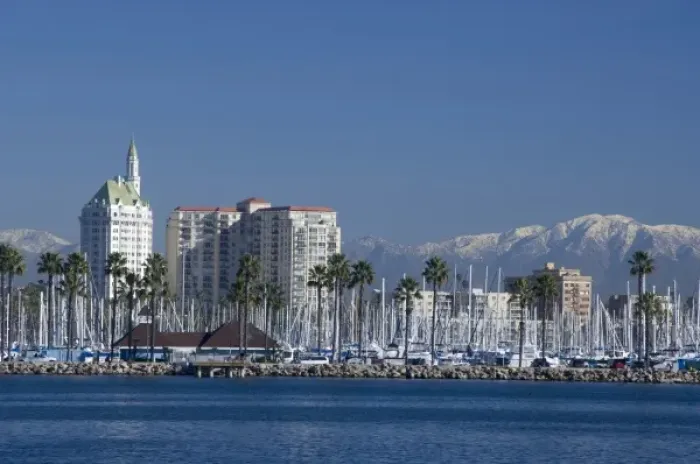 Framed Print : California, Long Beach. Skyline views of the port area of Long Beach. Snow-capped Framed Print : California, Long Beach. Skyline views of the port area of Long Beach. Snow-capped