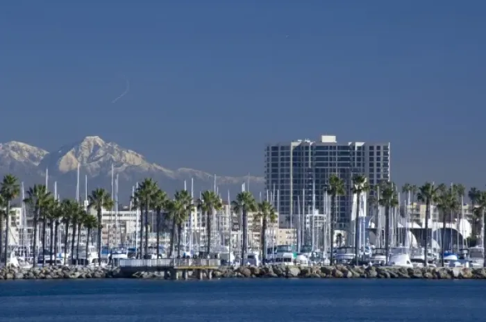 Framed Print : California, Long Beach. Skyline views of the port area of Long Beach. Snow-capped
