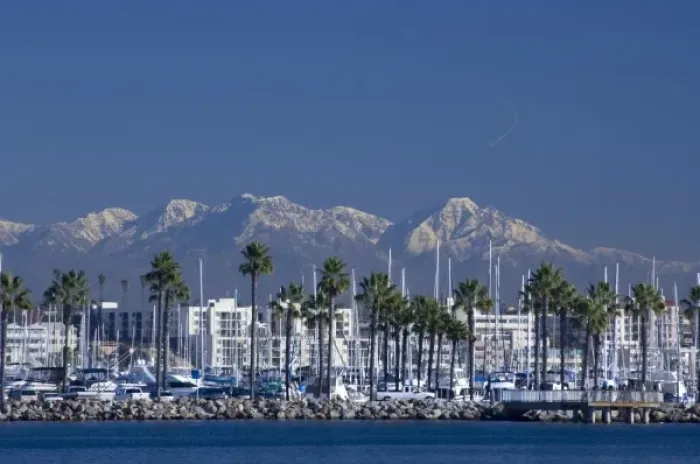 Framed Print : California, Long Beach. Skyline views of the port area of Long Beach. Snow-capped Framed Print : California, Long Beach. Skyline views of the port area of Long Beach. Snow-capped