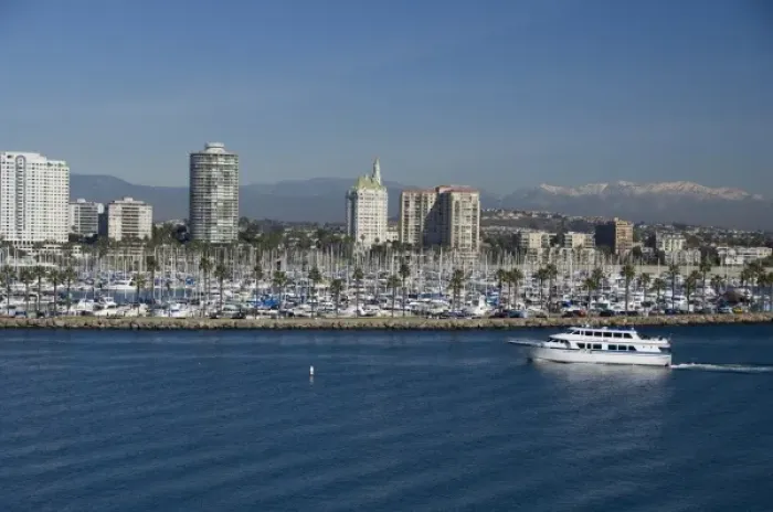 Framed Print : California, Long Beach. Skyline views of the port area of Long Beach. Snow-capped