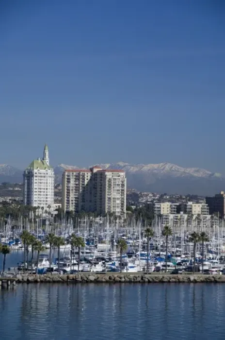Framed Print : California, Long Beach. Skyline views of the port & marina area of Long Beach. Snow-capped