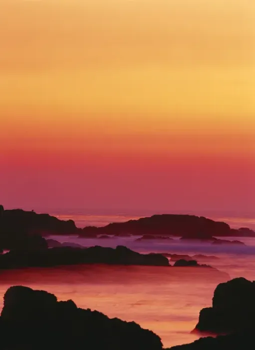 Framed Print : California, Monterey Peninsula, Pacific Grove, Offshore rocks at sunset