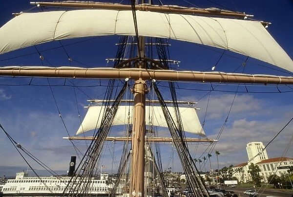 California: San Diego, Maritime Museum, Star of India sailing ship, wide-angle view of square sails