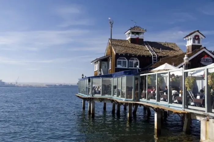 Framed Print : California, San Diego. Seaport Village, Pier Cafe Framed Print : California, San Diego. Seaport Village, Pier Cafe