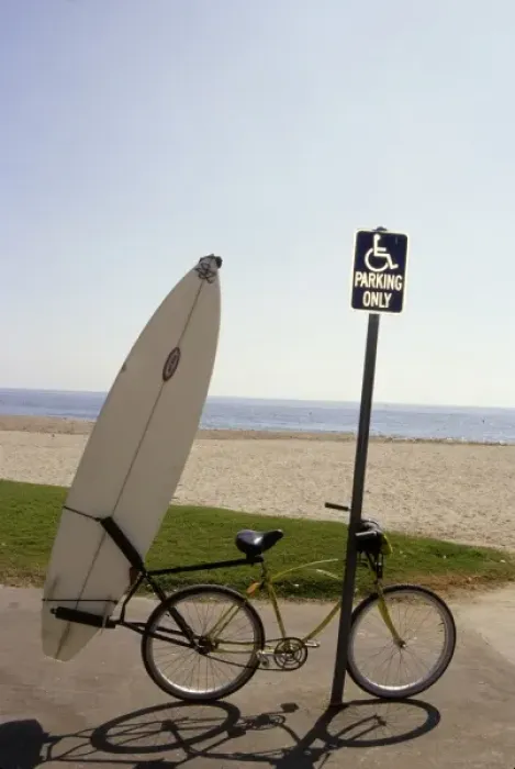 Framed Print : California: Santa Barbara, Leadbetter beach, bike and surfboard resting against sign post Framed Print : California: Santa Barbara, Leadbetter beach, bike and surfboard resting against sign post
