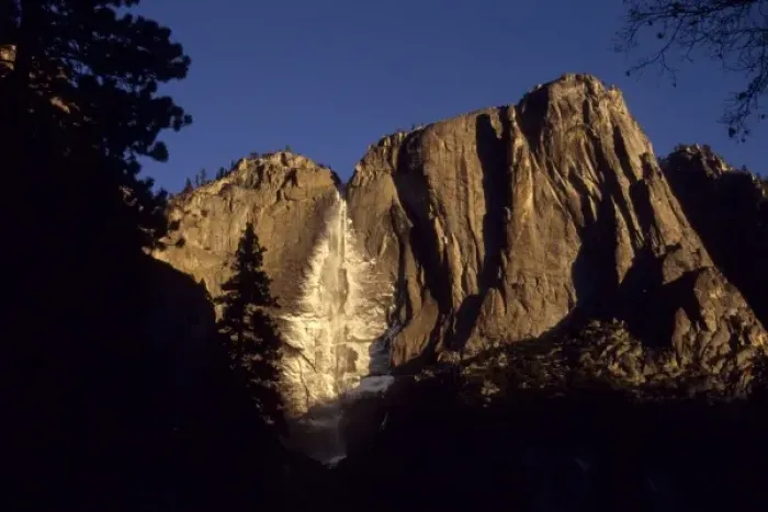 Framed Print : California: Yosemite National Park, Yosemite Falls, snow from mist on cliffs at sunset Framed Print : California: Yosemite National Park, Yosemite Falls, snow from mist on cliffs at sunset