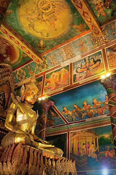 Cambodia. Wat Phnom is the cities highest point in Phnom Penh. Statues inside the temple