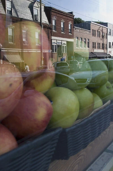 Camden, Maine. Grocery store and reflection of Main street