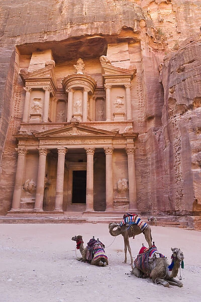 Camel at the Facade of Treasury (Al Khazneh), Petra, Jordan (UNESCO World Heritage site)