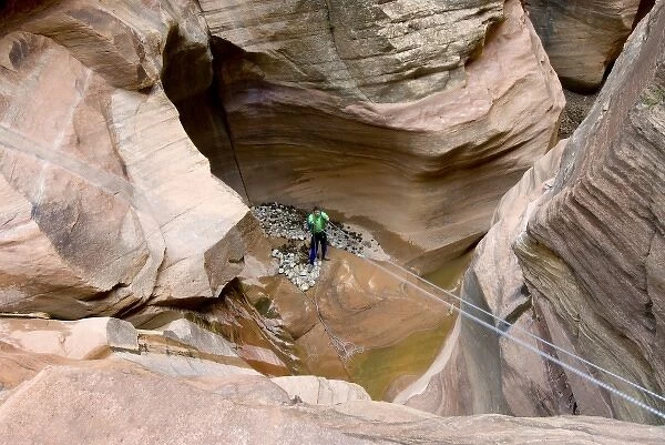 Cameron Carpenter straightening the rappel rope in Pine Creek Canyon, Zion National Park, Utah