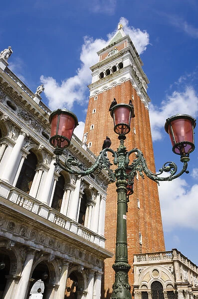 Campanile San Marco (St Marks Basilica bell tower) and street lamp, Venice, Veneto