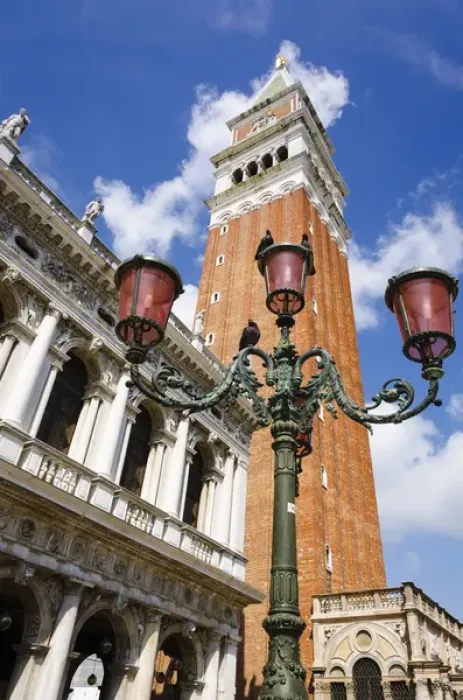 Framed Print : Campanile San Marco (St Marks Basilica bell tower) and street lamp, Venice, Veneto