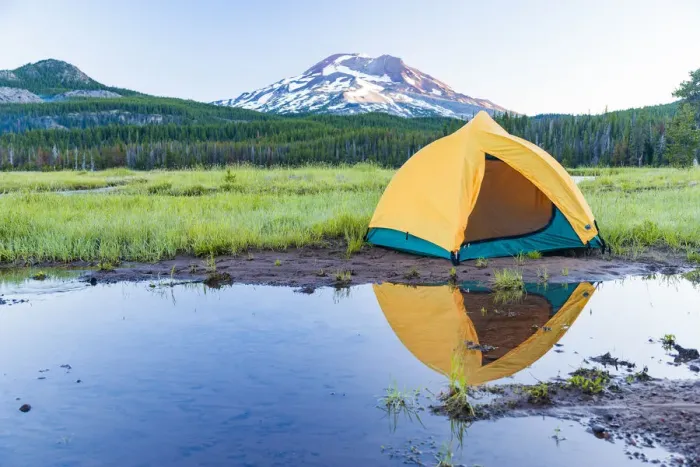 Framed Print : Camping Tent, South Sister (Elevation 10, 358 ft. ) Sparks Lake, Three Sisters Wilderness