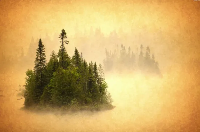 Framed Print : Canada. Abstract of islands in lake mist
