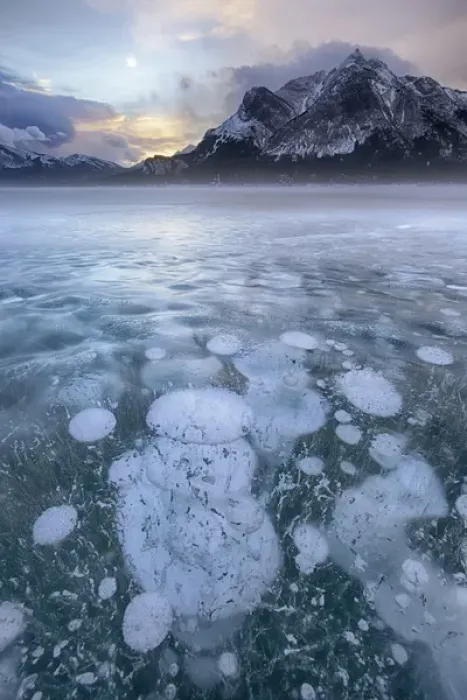 Framed Print : Canada, Alberta, Abraham Lake. Winter sunrise over lake and Mount Michener. Credit as