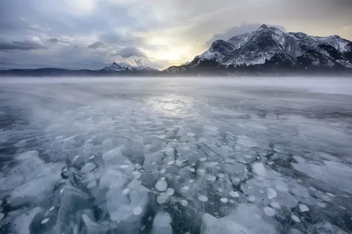 Framed Print : Canada, Alberta, Abraham Lake. Winter sunrise over lake and Mount Michener. Credit as Framed Print : Canada, Alberta, Abraham Lake. Winter sunrise over lake and Mount Michener. Credit as
