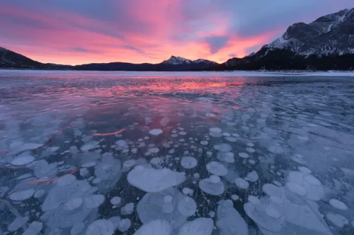 Framed Print : Canada, Alberta, Abraham Lake. Winter sunrise over lake and Mount Michener. Credit as Framed Print : Canada, Alberta, Abraham Lake. Winter sunrise over lake and Mount Michener. Credit as
