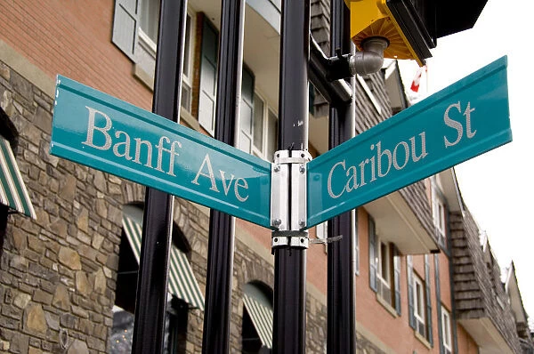 Canada, Alberta, Banff. Downtown Banff, corner of Banff Ave. & Caribou St