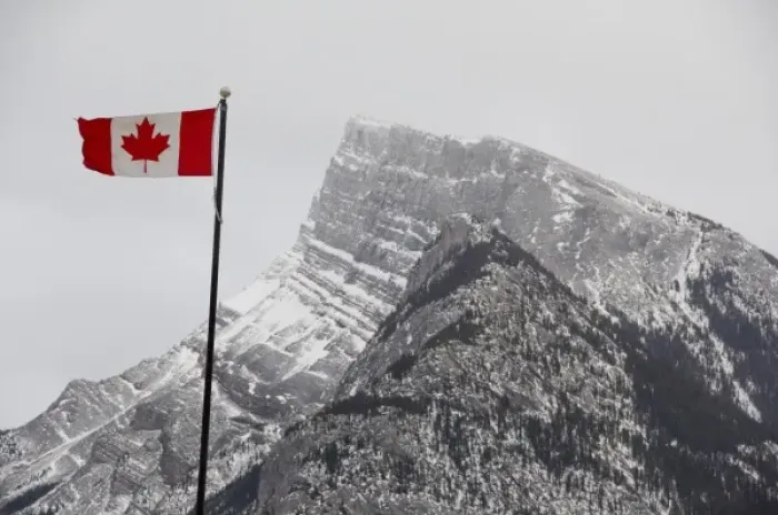 Framed Print : Canada, Alberta, Banff. Mountain view with flag Framed Print : Canada, Alberta, Banff. Mountain view with flag