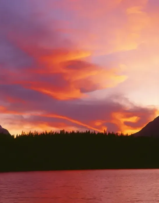 Framed Print : Canada, Alberta, Banff National Park, Flaming sunset over Mount Bosworth and Herbert Lake