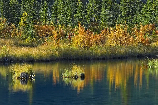 Canada, Alberta, Banff National Park. Autumn reflection in Vermillion Lake. Credit as