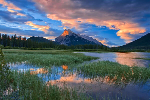Canada, Alberta, Banff National Park. Vermillion Lakes and Mt. Rundle at sunrise