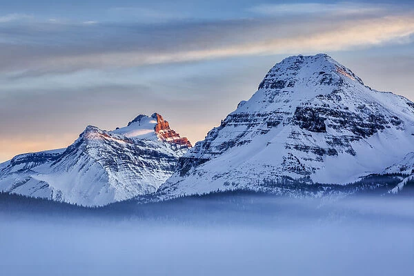 Canada, Alberta, Banff National Park, Mount Hector, Bow Peak, and fog over Bow Lake