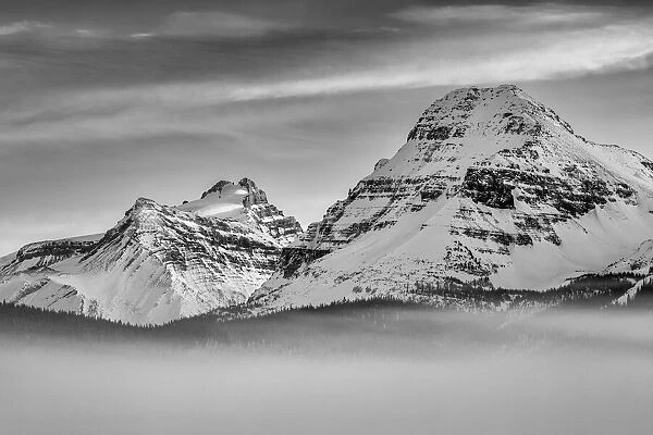 Canada, Alberta, Banff National Park, Mount Hector, Bow Peak, and fog over Bow Lake