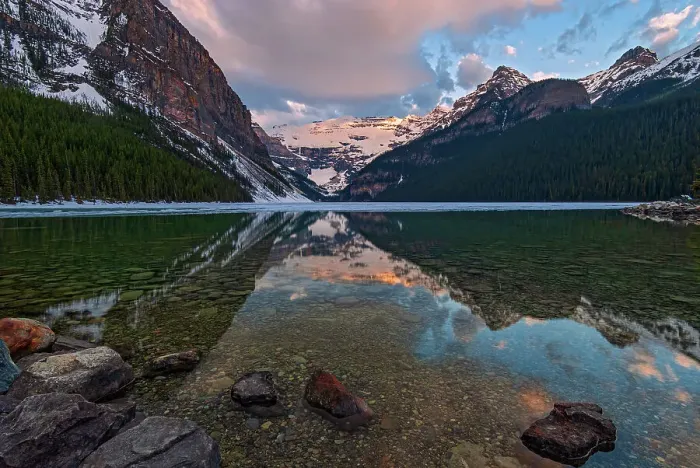 Framed Print : Canada, Alberta, Banff National Park. Sunrise reflections on calm Lake Louise