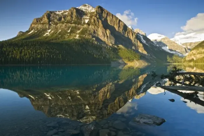 Framed Print : Canada, Alberta, Banff National Park, Rocky Mountains and boulders reflected in Lake Louise Framed Print : Canada, Alberta, Banff National Park, Rocky Mountains and boulders reflected in Lake Louise