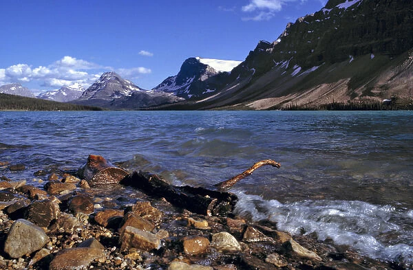 Canada, Alberta, Bow Lake. Rocks are tumbled on the shores of Bow Lake in Banff NP