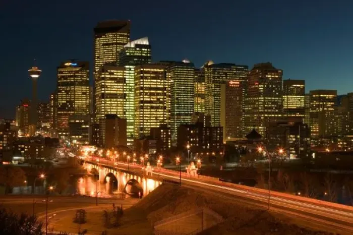 Framed Print : Canada, Alberta, Calgary: Downtown Calgary, Evening City and Centre Street Bridge