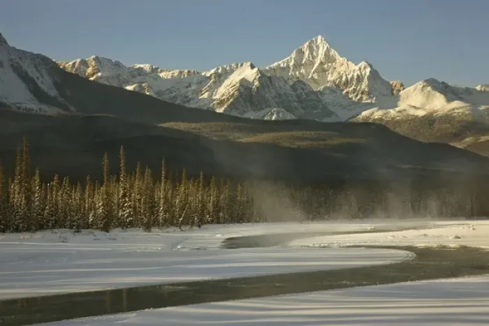 Framed Print : Canada, Alberta, Jasper National Park. Steam rises from the Athabasca River as it flows near Mt Framed Print : Canada, Alberta, Jasper National Park. Steam rises from the Athabasca River as it flows near Mt