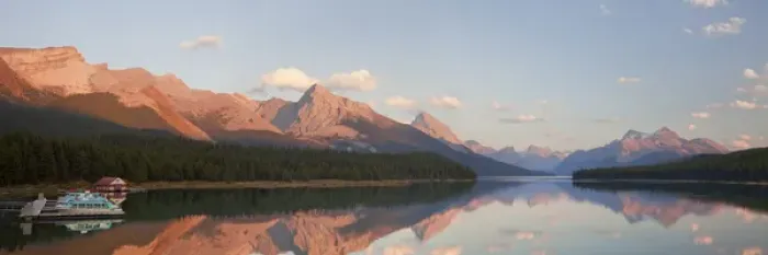 Framed Print : Canada, Alberta, Jasper National Park. High-resolution panorama of Maligne Lake at sunset