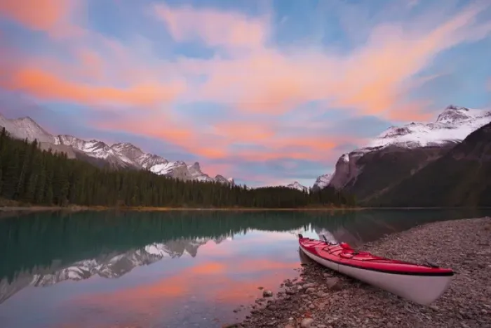 Framed Print : Canada, Alberta, Jasper National Park. A kayak on the shore of Maligne Lake, largest Framed Print : Canada, Alberta, Jasper National Park. A kayak on the shore of Maligne Lake, largest
