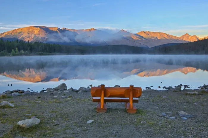 Framed Print : Canada, Alberta, Jasper National Park. Bench overlooking lake and mountains at sunset Framed Print : Canada, Alberta, Jasper National Park. Bench overlooking lake and mountains at sunset