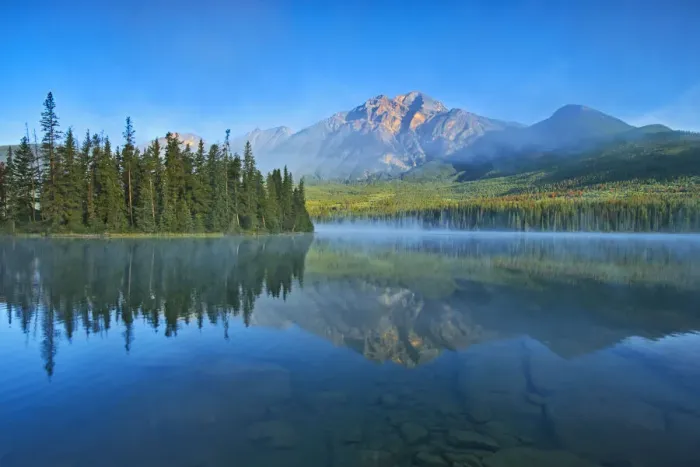 Framed Print : Canada, Alberta, Jasper National Park. Mountain and forest reflections in lake