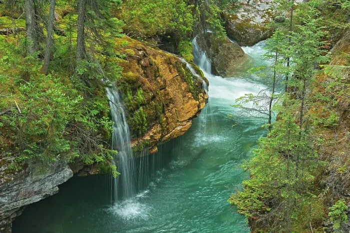 Framed Print : Canada, Alberta, Jasper National Park. Overview of Maligne River flowing through Maligne Canyon Framed Print : Canada, Alberta, Jasper National Park. Overview of Maligne River flowing through Maligne Canyon