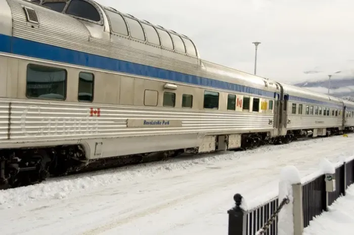 Framed Print : Canada, Alberta, Jasper. VIA Rail Snow Train between Edmonton & Jasper