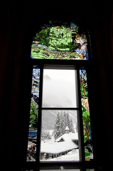 Canada, Alberta, Lake Louise. Farimont Chateau Lake Louise. Historic stained glass