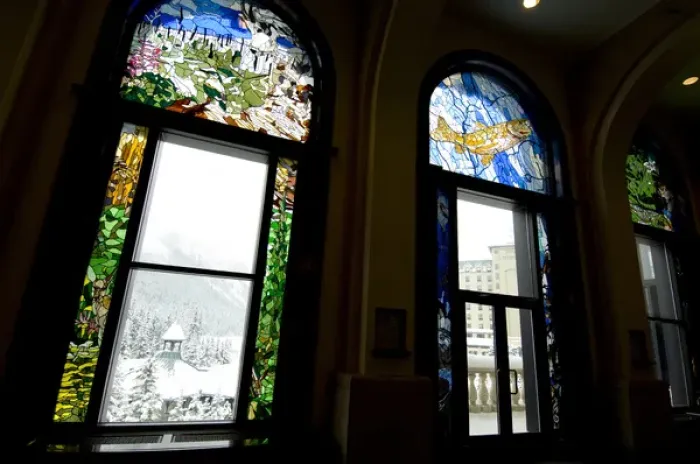 Framed Print : Canada, Alberta, Lake Louise. Farimont Chateau Lake Louise. Historic stained glass