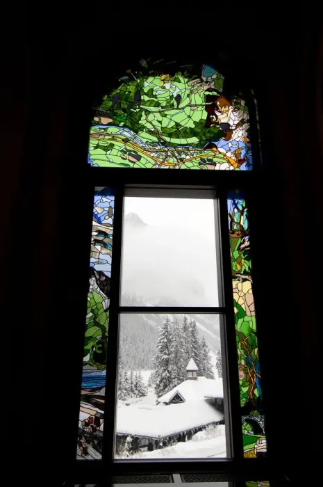 Framed Print : Canada, Alberta, Lake Louise. Farimont Chateau Lake Louise. Historic stained glass