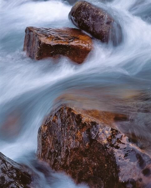 Canada, Alberta, Moraine Creek. A long shutter-speed softens the water in Moraine Creek in Banff NP