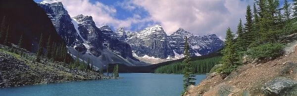 Canada, Alberta, Moraine Lake. Clouds hide the peaks of Moraine Lake in the Valley