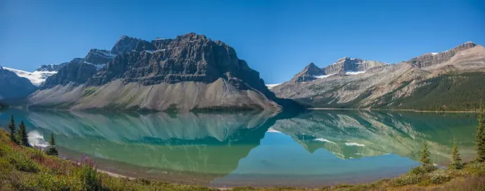 Framed Print : Canada, Alberta. Panoramic view of the still blue waters of Bow Lake on the Icefields Framed Print : Canada, Alberta. Panoramic view of the still blue waters of Bow Lake on the Icefields