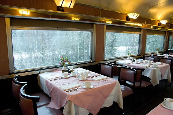 Canada, Alberta. VIA Rail Snow Train between Edmonton & Jasper, Dining Car