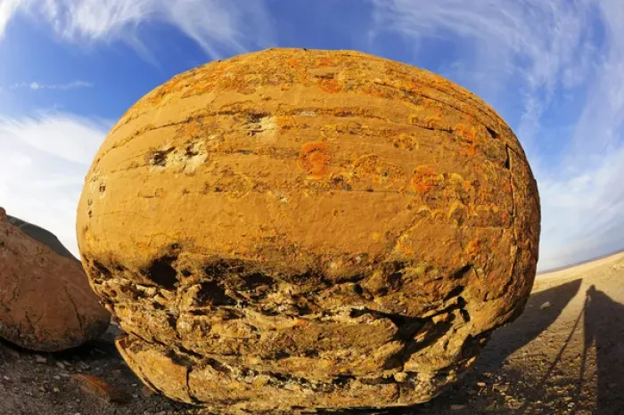 Framed Print : Canada, Alberta, Red Rock Coulee Natural Preserve. Round sandstone concretion. Credit as Framed Print : Canada, Alberta, Red Rock Coulee Natural Preserve. Round sandstone concretion. Credit as