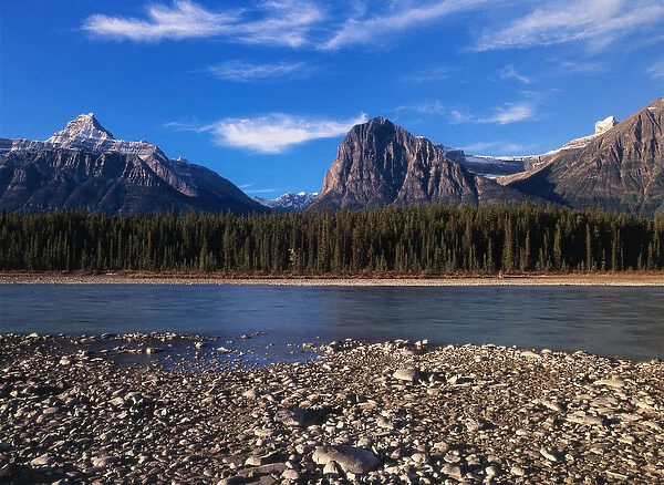 Canada, Alberta, View of Athabasca River and Canadian Rockies in Jasper National Park